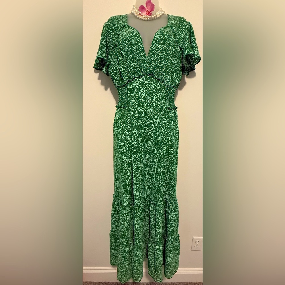 NWT Max Edition green with cream dots long flattering dress size L 👗🌺